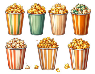 Eight buckets of popcorn in various colors and patterns