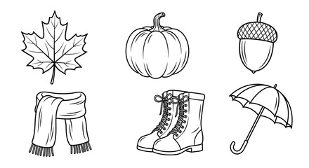 Line drawing of autumn themed items including leaf pumpkin acorn scarf boots and umbrella image art