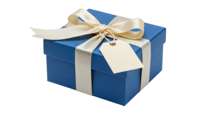 Isolated Transparent Blue Gift Box with Ribbon Bow and Tag