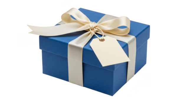Isolated Transparent Blue Gift Box with Ribbon Bow and Tag