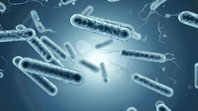 Medical animation showing pathogenic bacteria cells under microscope, medical concept