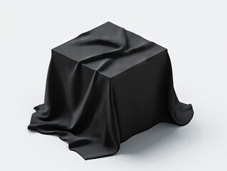 A black cube sits on a white background, completely covered by a dark, draped fabric, creating a sense of mystery and anticipation