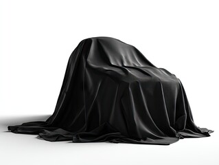 A black, draped cloth obscures a vehicle-sized object, hinting at a reveal or unveiling, casting a subtle shadow on a bright white background