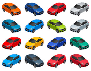 Collection of sixteen isometric sedans in various colors