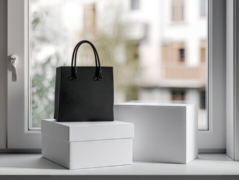 A black tote bag sits atop a white box, itself resting on a larger white box, all displayed on a windowsill overlooking a blurred cityscape