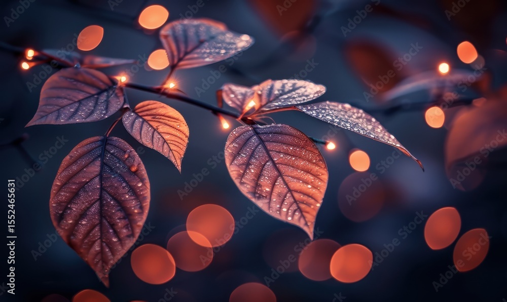 Poster illuminated leaves on branch with soft bokeh light background close up