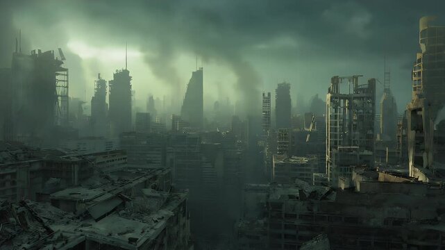 Post Apocalyptic Destroyed Cityscape Background with Smoke and Gloomy Sky in 4K Resolution