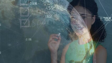 Teenage girl emerging behind globe and checking English Chinese Spanish on chalkboard for education - Powered by Adobe