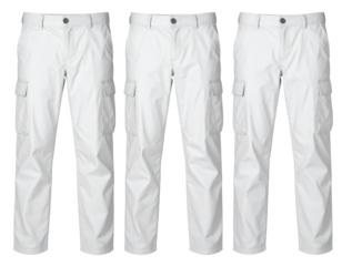 Three pairs of white cargo pants shown