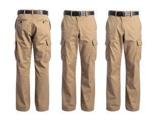 Khaki cargo pants shown from three angles, displaying pockets and belted waist