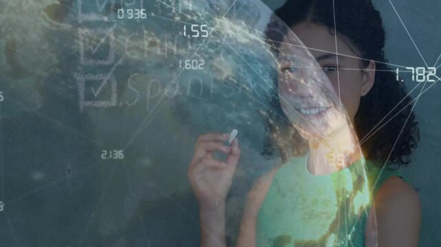 Teenage girl emerging behind globe and checking English Chinese Spanish on chalkboard for education