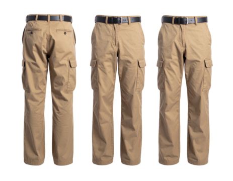 Khaki cargo pants shown from three angles, displaying pockets and belted waist
