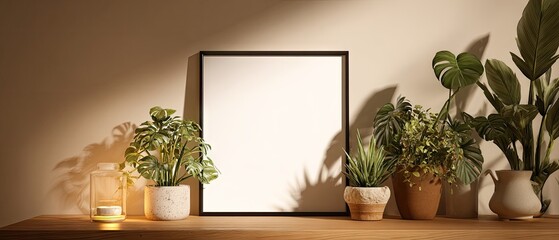 A blank frame sits on a wooden shelf between potted plants, illuminated by warm light casting shadows