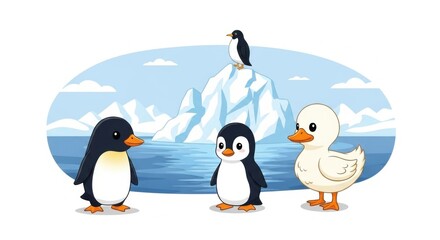 Adorable penguins and a duckling explore the icy Antarctic landscape together