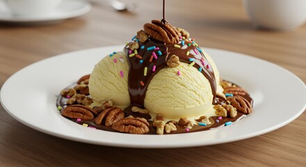 Indulge in Decadence: Creamy Vanilla Ice Cream Drenched in Rich Chocolate, Topped with Toasted Pecans and Sprinkles
