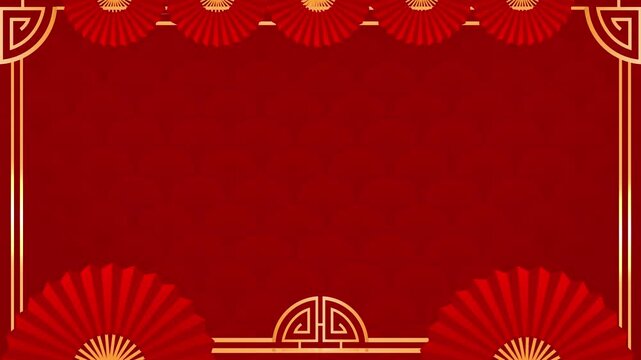 Chinese style red color background with fan and gold frame background.Chinese style abstract background