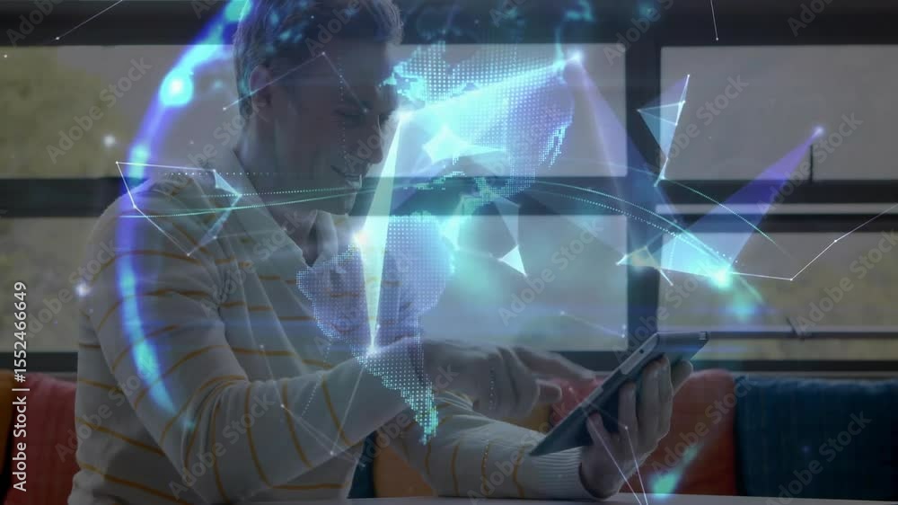 Poster man tapping tablet screen and generating node network and rotating holographic globe for tech demo