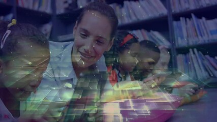 Teacher tapping phone guiding kids tapping tablets in library with circuits boosting learning - Powered by Adobe