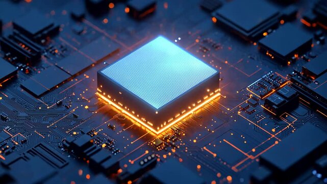 A glowing computer processor activates on a circuit board