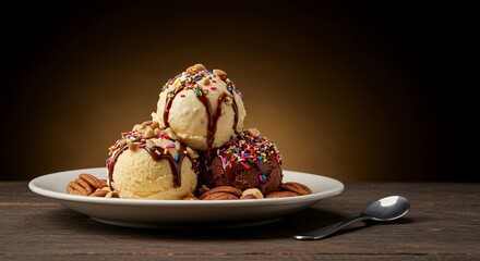 Decadent Triple Scoop Ice Cream Sundae with Chocolate Sauce, Sprinkles, and Pecans, a Sweet Treat for Any Occasion