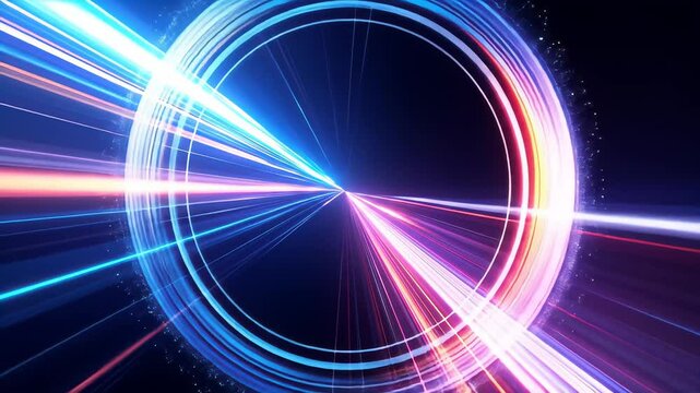 Glowing concentric neon rings with radiant light beams in futuristic dark space
