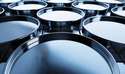 Metallic vessels reflective surfaces orderly pattern overhead view