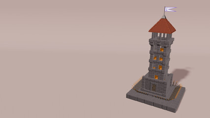 3D Render composition of a medieval tower. Copy space