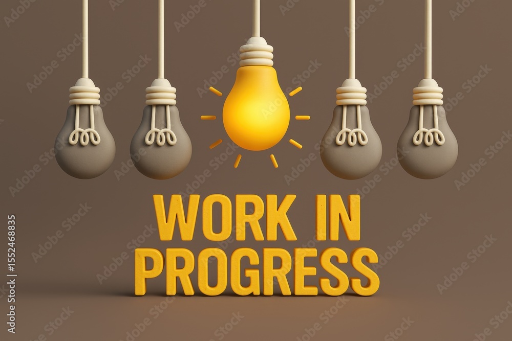Poster work in progress concept with illuminated bulb among dim ones creative idea and innovation metaphor 