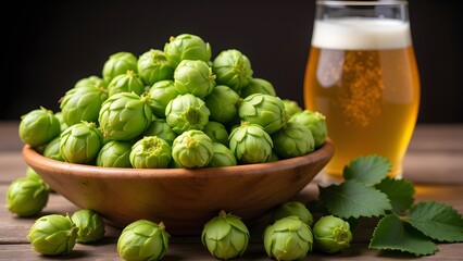 A beautiful arrangement of fresh hops and a cold beer in a serene setting inviting taste.
