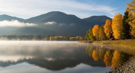 Serene Mountain Lake Reflection in Autumn Mist at Sunrise