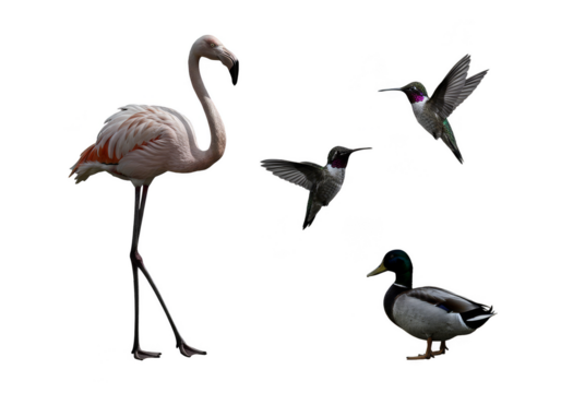 Isolated Transparent Background of Pink Flamingo Duck and Flying Birds
