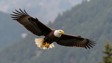 Naklejka premium Majestic Bald Eagle in Flight, Wings Spread Wide, Soaring Above Mountainous Terrain, A Breathtaking Display of Natures Power and Grace.