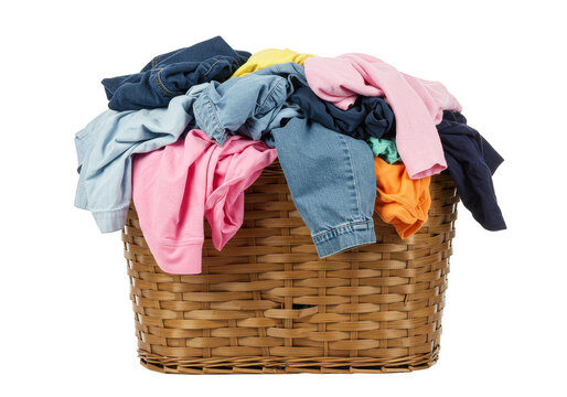 Isolated PNG Colorful Clothes in Woven Basket for Laundry with Fabric - Powered by Adobe