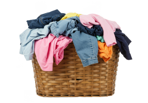 Isolated PNG Colorful Clothes in Woven Basket for Laundry with Fabric