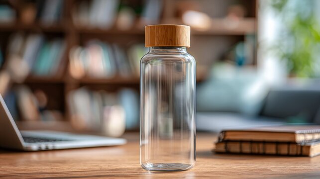 Clear glass water bottle with wooden lid on a desk next to a laptop and notebook in a sunny room with bookshelves - Powered by Adobe