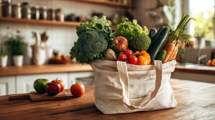 Fresh produce gathered in a canvas bag on a wooden kitchen table during daylight