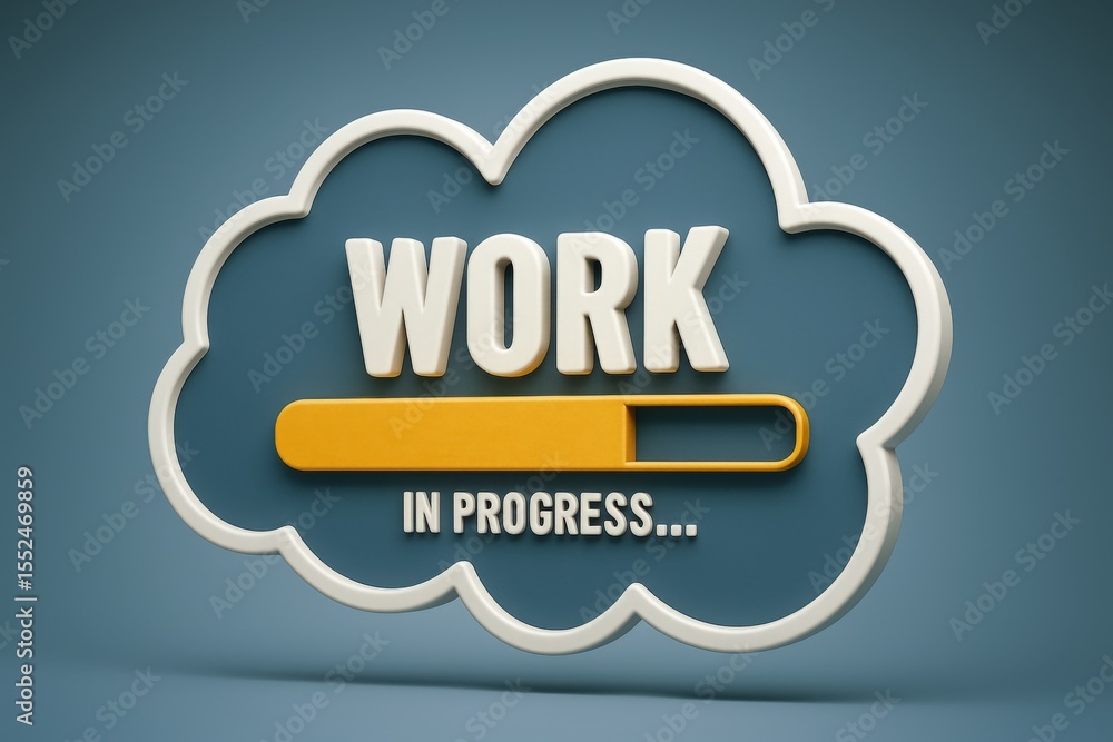 Poster work in progress cloud with loading bar on blue background for project updates and development statu