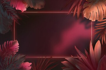 A dark maroon background features a neon rectangular frame surrounded by various shades of red and pink tropical leaves, creating a moody, elegant, and tropical feel