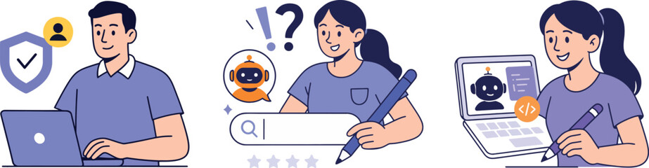 AI Chatbot and Security Vector Illustration on White Background.