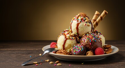 Indulge in this decadent ice cream sundae, a symphony of creamy vanilla and rich chocolate scoops, drizzled with caramel and adorned with colorful sprinkles, crunchy nuts, and fresh raspberries.