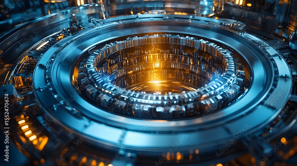 Fototapete Close-up of a digital rendering of a futuristic machine with intricate gears and glowing core. Close-up view of a fusion reactor's glowing core, showcasing advanced technology and potential for clean 