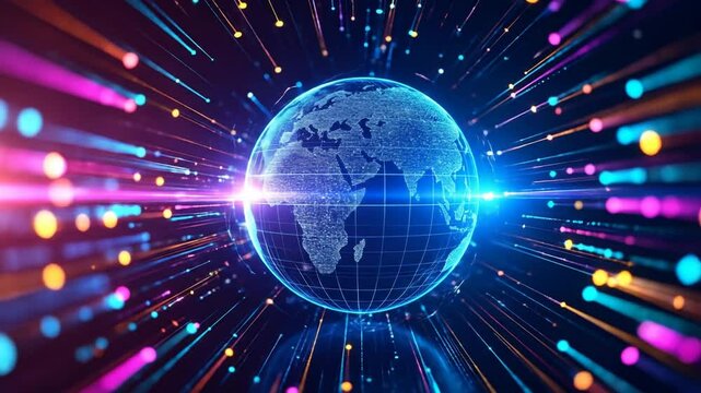 Rotating Digital Globe With Colorful Light Trails