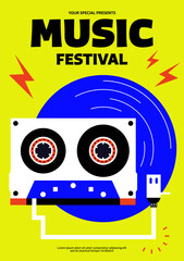 Pop music festival poster design template background. Neon vinyl record and cassette tape modern retro style