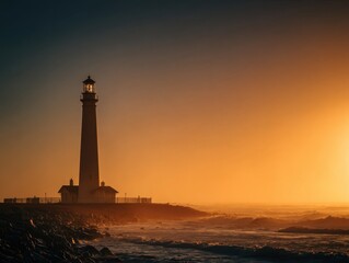 A Tranquil And Golden Sunset At A Lighthouse