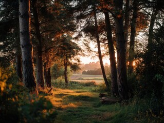 Naklejka premium A Tranquil Sunrise At The Edge Of A Forest