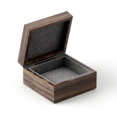 A dark-wood, square jewelry box with a gray felt interior, partially open, showcasing its empty space on a white background