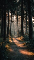 Obraz premium A Tranquil Sunset On A Path Through The Forest