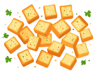 A vibrant scattering of golden-brown, square-shaped croutons, interspersed with flecks of green herbs