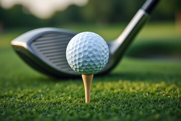 A Golf Ball on a Tee Ready for a Swing with a Golf Club in the Background on a Sunny Green Course