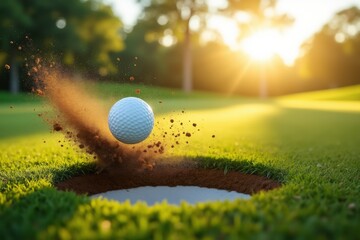 Golf Ball Landing in Hole with Dirt Kicking Up on a Sunny Green Golf Course with a Bright Sun